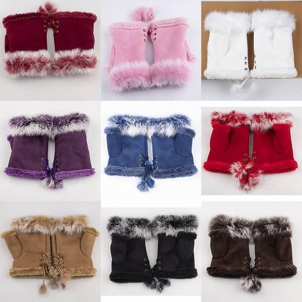 

women ladies winter fur fingerless gloves mittens soft warm fur lined1, Blue;gray