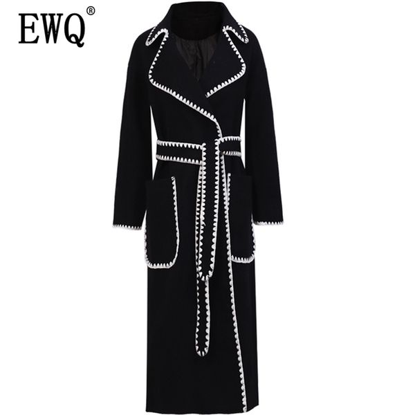 

[ewq] autumn winter new style lapel long sleeve white patchwork adjustable waist woolen coat vintage fashoin tide ah13411m 201218, Black