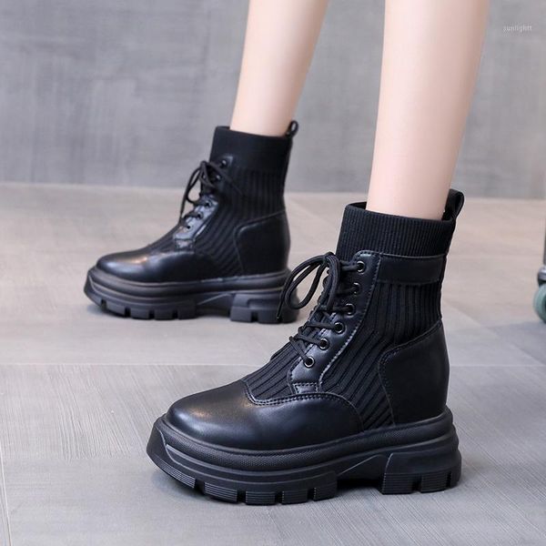 

boots women's knitted autumn fashion british style wild strap with thick-soled stitching short1, Black