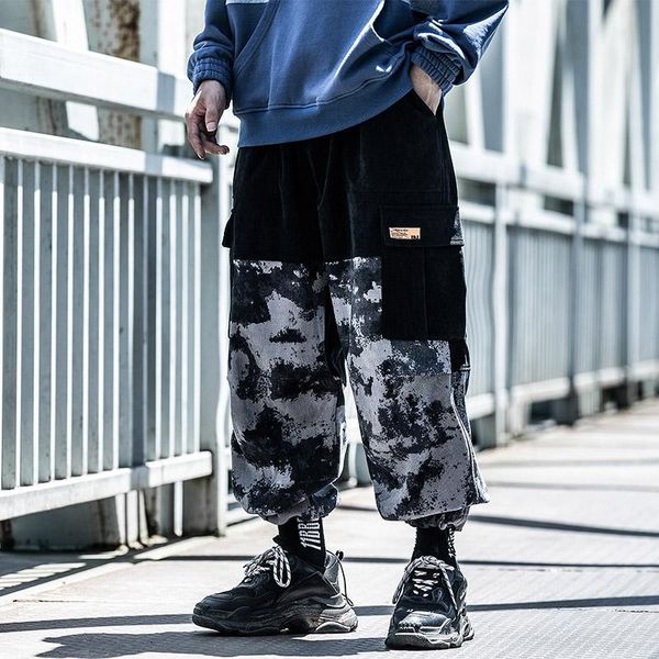 

men's clothes corduroy pants trousers tie-dye pocket camouflage trousers japanese loose comfortable jogger cargo pants fashion, Black