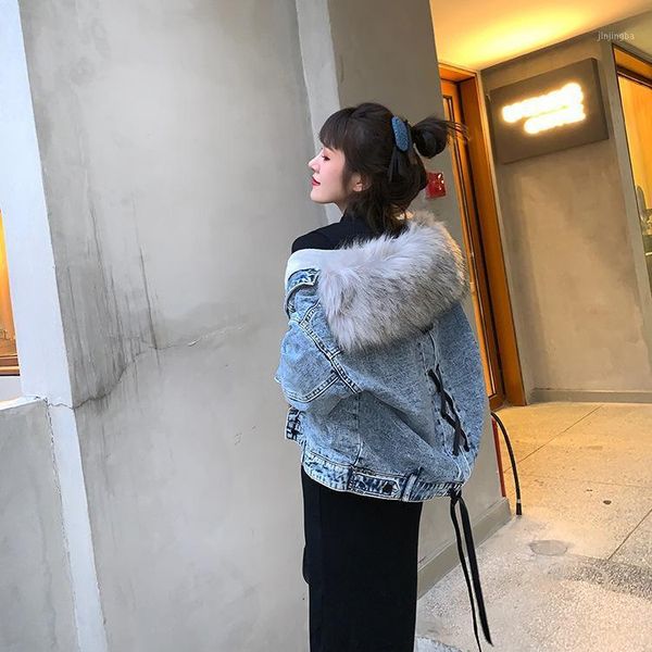 

hong kong style chic faux fur collar plus velvet jeans coat women's loose-fit autumn and winter 2020 new style thick jacket1, Black