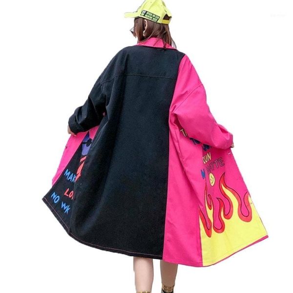 

vefadisa letter print denim trench women 2020 lapel spring denim trench coat loose hit color coat long cowboy overcoat qyf19381, Tan;black