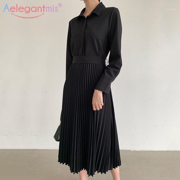 

casual dresses aelegantmis vintage pleated office women shirt dress autumn turn-down collar long sleeve ladies elegant maxi dress1, Black;gray