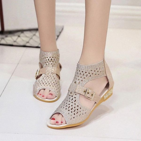 

Gladiator Woman Sandals Female Crystal Beach Shoes Ladies Ankle Zip Wedges Women's Buckle Comfortable Women Footwear Plus Size #J92R, Black