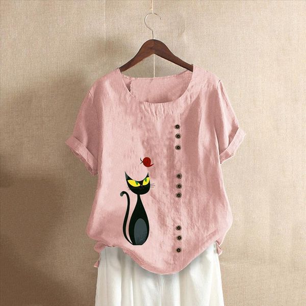 

cartoon cat animal pattern print blouses women o neck short sleeve buttons cotton linen vintage shirts ropa mujer clothes, White