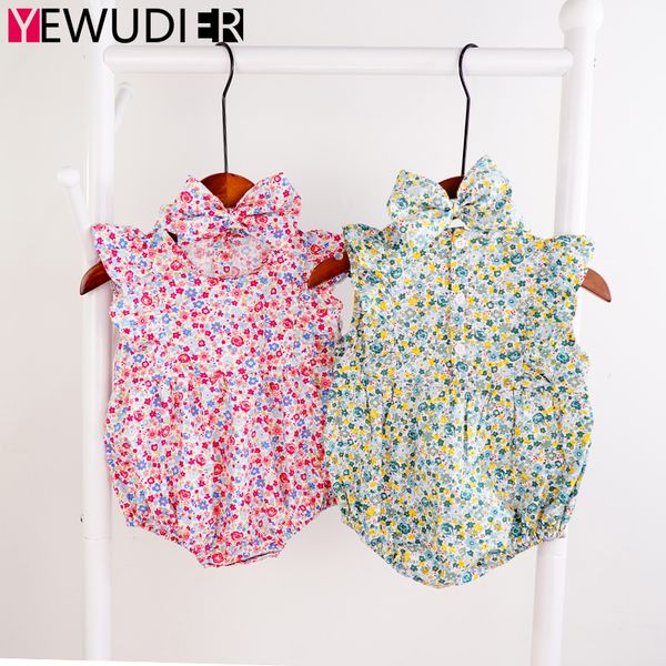 

summer baby girl romper clothes cute small floral outfit newborn sweet fly sleeve jumpsuit infant playsuit cute bowknot headband 201027, Blue