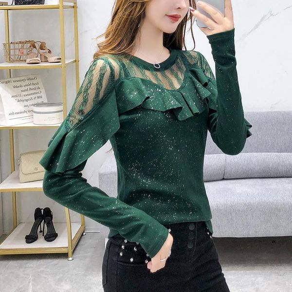 

spring european clothes t-shirt fashion shiny patchwork lace ruffles women ropa mujer long sleeve tees 2020 new t03011, White