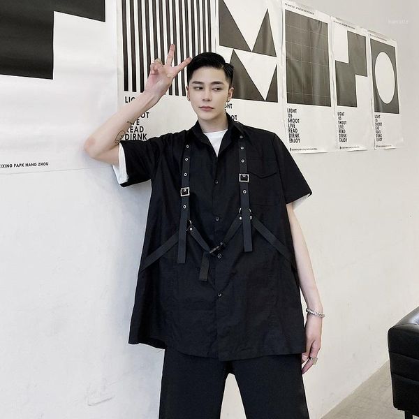 

male women hip hop couple shirt men bandage harajuku style streetwear loose casual short sleeve shirt1, White;black