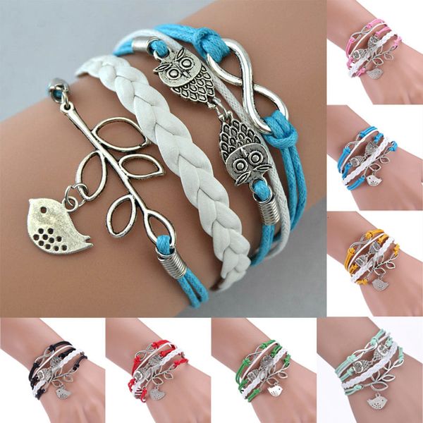 

plated silver 8 women infinity owl love retro leaf bird charms bracelet adjustable wrap leather bracelets women men jewelry