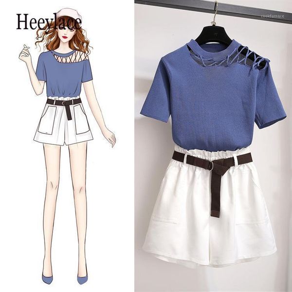 

2020 summer hollow out 2 piece outfits lace-up knitted and shorts with belt set korean style 2 piece set women suit1, White