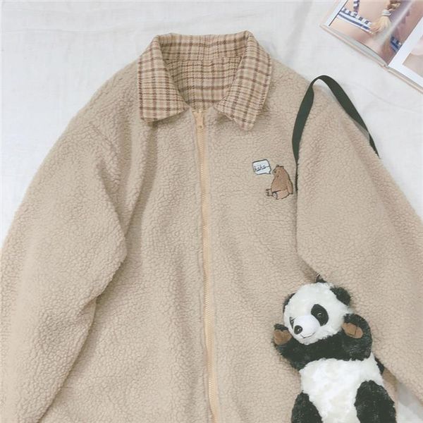 

lamb wool coat bear embroidery cute women student thicken plaid jacket small fresh soft sister loose long sleeve outer wear, Black;brown