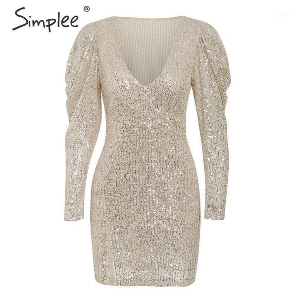 

simplee v neck sequined party dress women long sleeve bodycon autumn winter female dresses high waist party club mini dress1, Black;gray