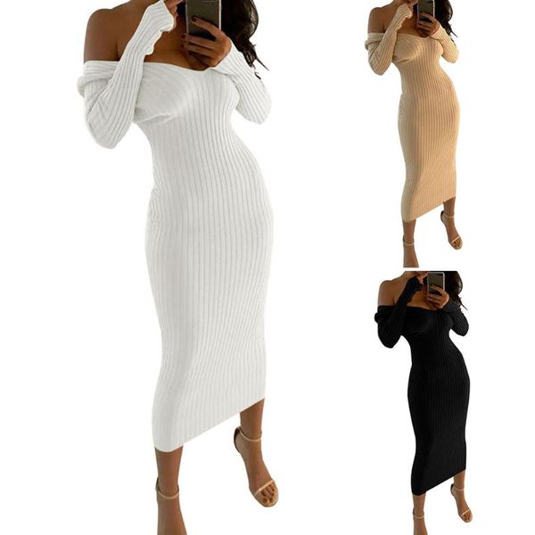 

casual dresses v neck evening party charming women dress pullover breathable soft off shoulder bodycon midi solid knitted cotton, Black;gray