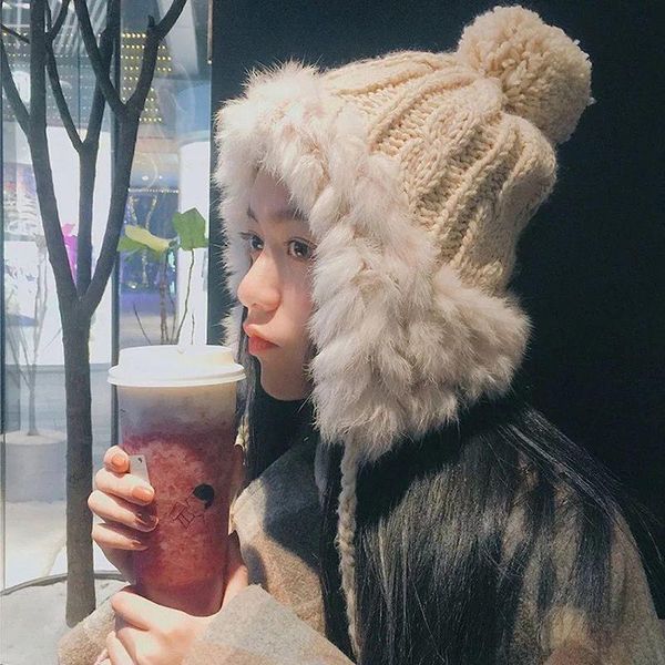 

korea girls winter hats furry balls pompom solid warm cute lovely beanie cap warm knit bonnets for women wholesale, Blue;gray