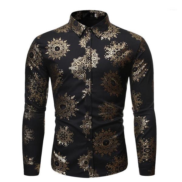 

shiny gold floral foil print shirt men 2019 fashion nightlcub mens casual dress shirts slim fit long sleeve black shirt male1, White;black