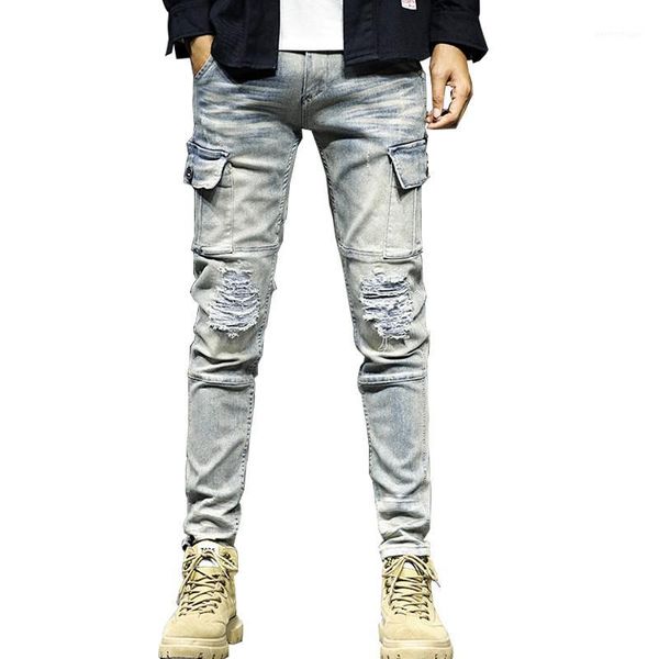 

men's jeans moruancle fashion man hi street destroyed pants with pockets vintage stretchy ripped denim trousers holes washed blue1, Blue