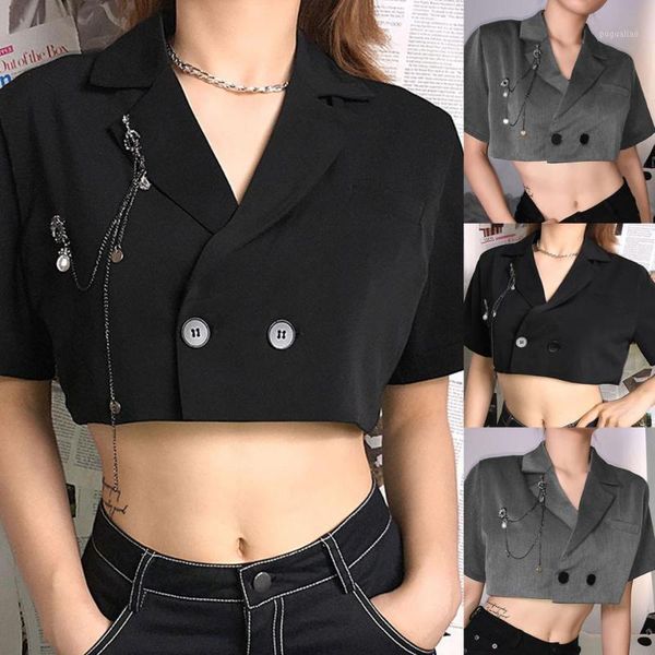

2020 women blazer coat casual office lady business solid vintage summer street style suit short sleeve crop female chain1, White;black