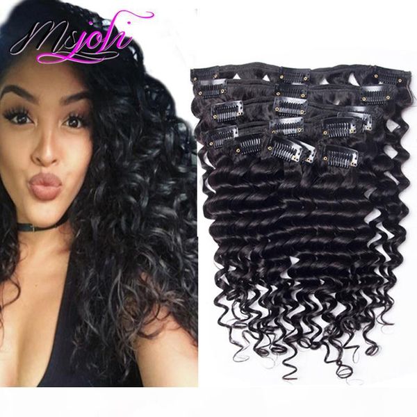 

бразильская необработанная глубокая волна вьющиеся вьющиеся 10-28 дюймовый клип в наращиваниях волос 7 шт. 140г полная голова перуанские рем, Black;brown