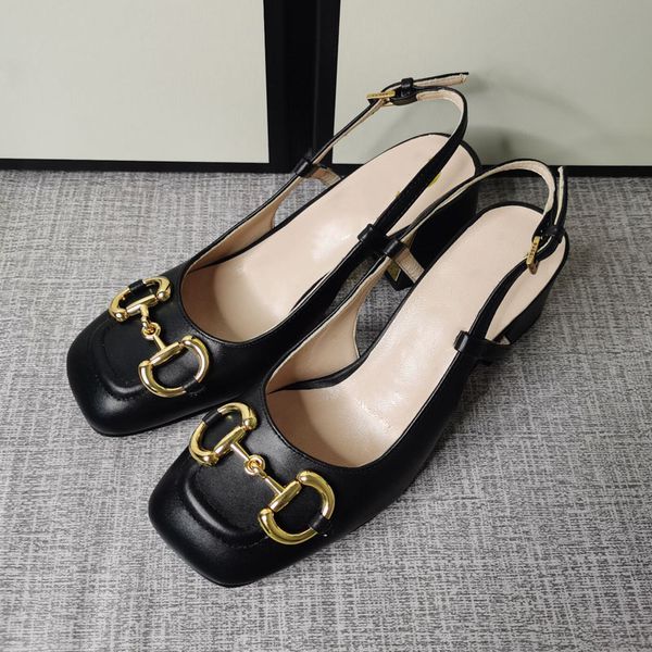 

designer high heels summer fashion sandals metal buckle thick heel elegant baotou women's wedding dress office women's shoes, Black