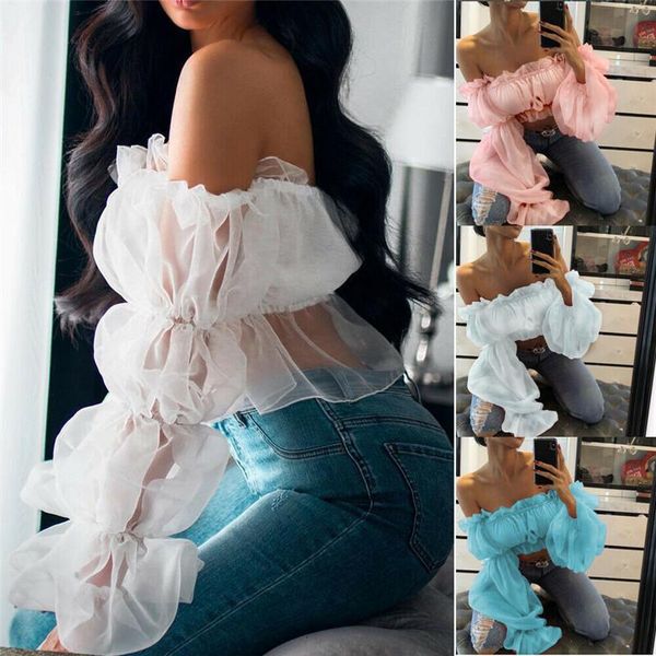 

2019 new women cropped sheer mesh casual t shirts puff sleeve party ladies clothes holiday, White