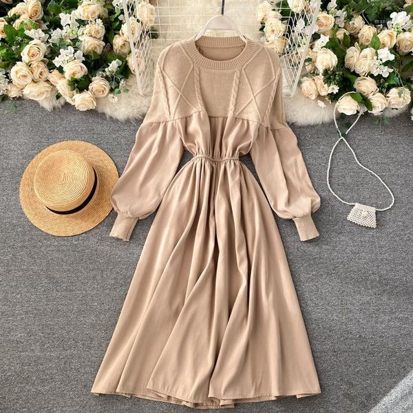

singrain women knitted patchwork dress korean o neck puff sleeve a line dress autumn casual solid elastic midi long1, Black;gray