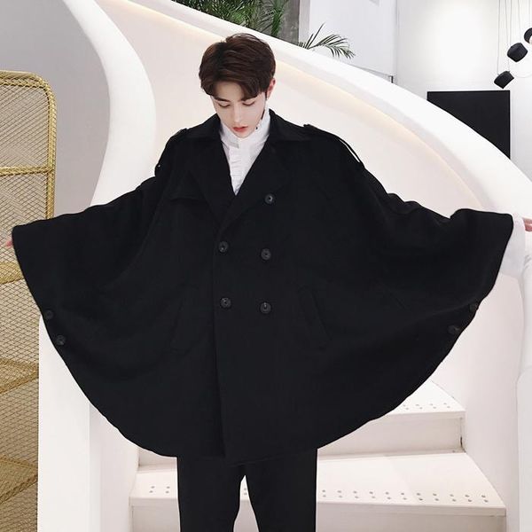 

s-6xl 2020 circarc sweep novelty autumn double breasted woolen oversize ultra wide cloak outerwear1, Black
