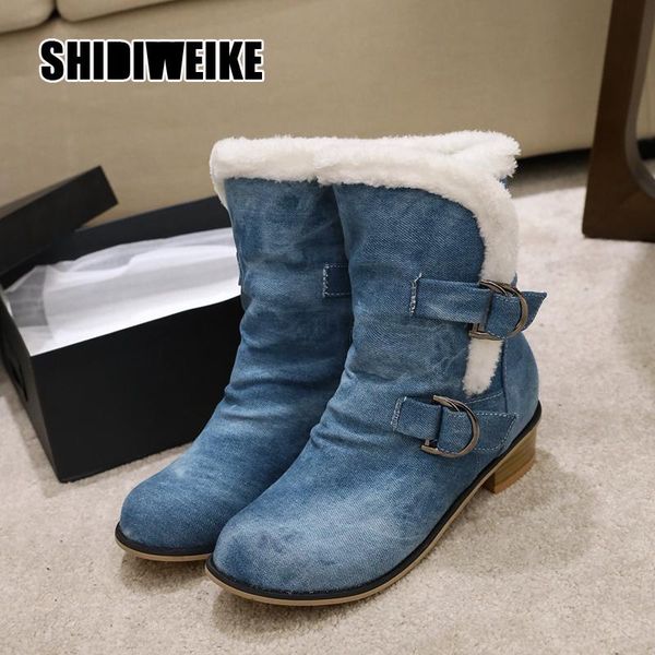 

boots women winter ankle casual round toe denim canvas shoes woman slip-on warm ladies low heels booties comfortable, Black
