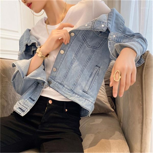 

solid jean jeans jacket for women chic slash neck casual blue coats female outwear denim feminine chaqueta mujer coat autumn1, Black;brown