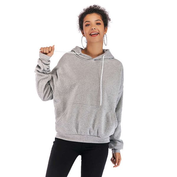 

autumn / winter 2020 new hooded pullover plush sweater women's large solid color printed bat sleeve, Black