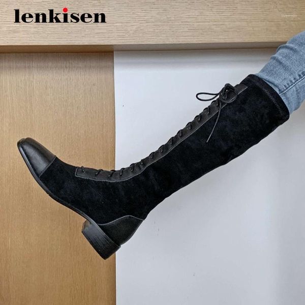 

boots lenkisen equestrian real leather cross-tied square toe thick med heel lace up stretch pretty girls knee high l6f11, Black