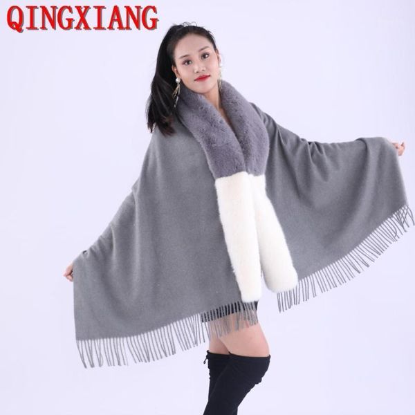 

scarves 2021 winter women big white grey faux fur long collar tassel black thick scarf warm crystal shawl autumn loose coat1, Blue;gray