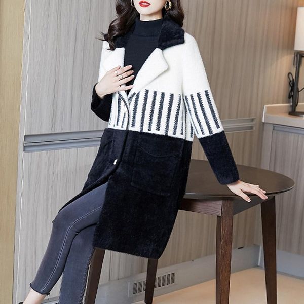 

autumn winter white mink fleece thickening warm wool&blends 2021 women casual elegant bodycon cashmere outwear coat, Black