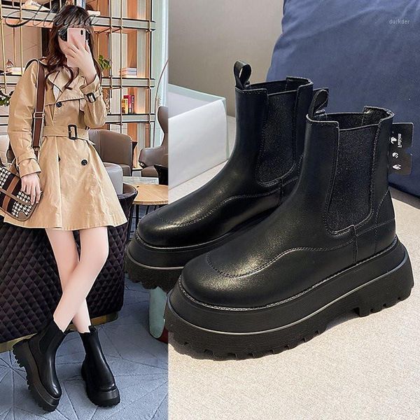 

2021 autumn new boots women's pu leather short boots women's fashion retro casual thick-soled increased1, Black