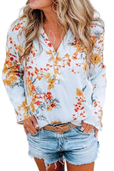 

summer/autumn floral print v neck blouse 2021 women charming floral print plus size s-2xl casual blouse, White
