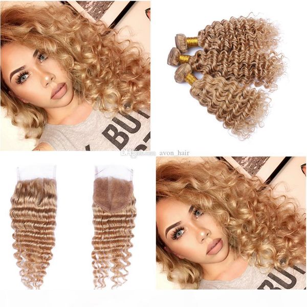 

strawberry blonde 27 deep wave hair extensions with closure malaysian 9a pure color 27 deep curly hair 3bundles with closure 4x4, Black;brown