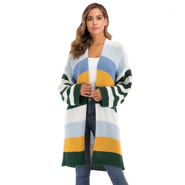 

women's knits & tees autumn women comfortable soft wild striped patchwork long sleeve winter fashion female loose casual knitting cardi, White