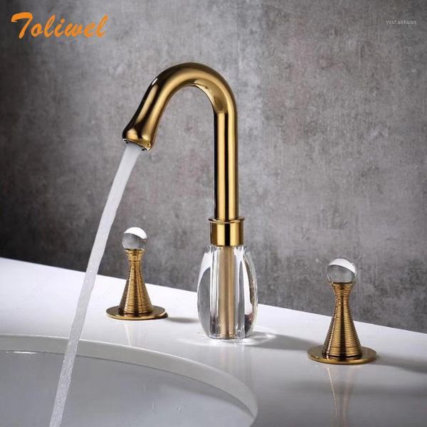 

bathroom sink faucets golden torneira banheiro two handles deck mounted widespread faucet basin mixer tap 3 hole double1