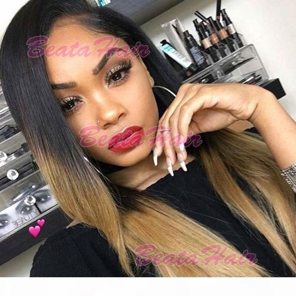 

8a soft lace front human hair wigs #1b #27 ombre two tone color brazilian virgin hair glueless full lace human hair wigs, Black;brown