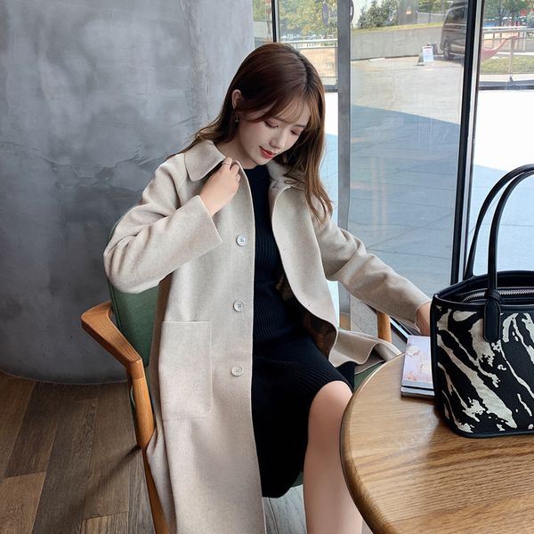 

jxmyy 2021 autumn and winter models 2003 korean women's single-breasted pure color thin woolen coat, Black