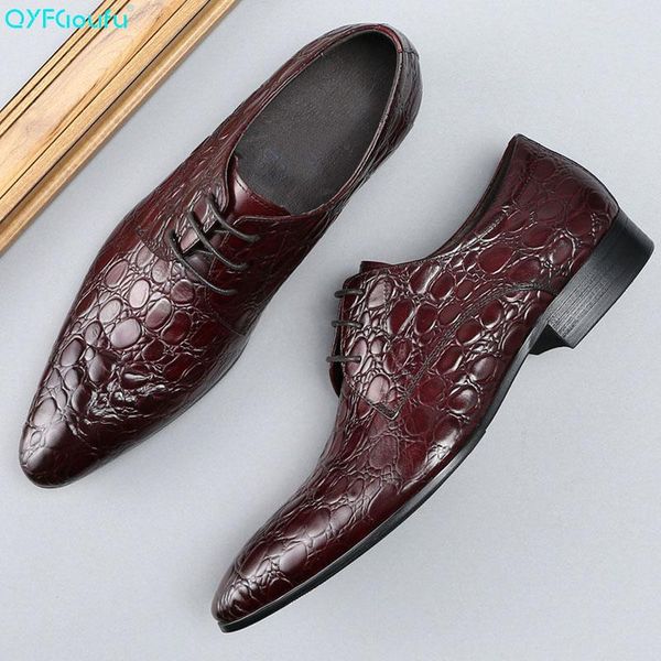 

qyfcioufu new men wedding shoes leather cow genuine formal business pointed toe for man dress shoes crocodile skin oxford flats, Black