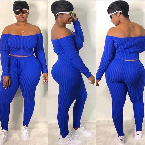 

2 piece set autumn outfits tracksuit women ribbed striped slash neck short t-shirt high waist pencil pants femme1, Gray