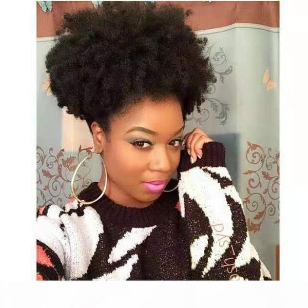 

selling afro kinky curly ponytail drawstring 12 inch short afro kinky ponytail clip in extensions 120g human hair pony hair bun, Black