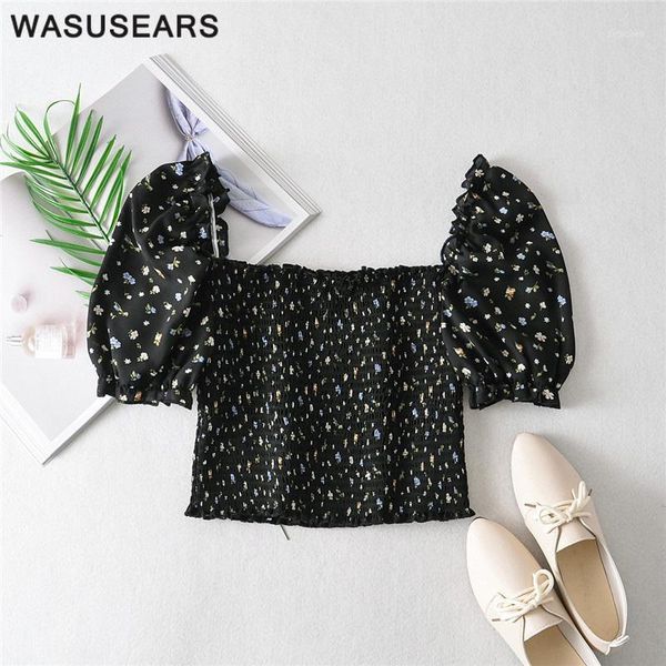 

short sleeve shirt women ruched casual women blouse 2021 chiffon blouses vintage floral square neck slim blusas de mujer1, White