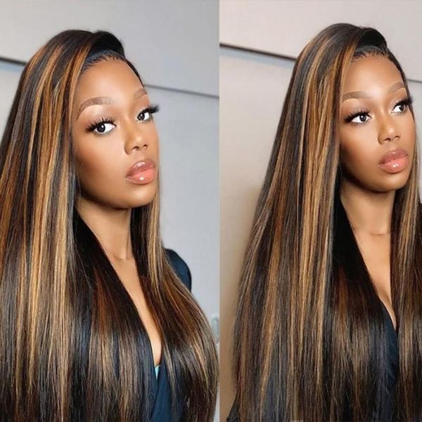 

lace wigs highlight wig brown colored human hair 13x4 4x4 ombre straight 28 30 32 34 inch honey blond front, Black;brown