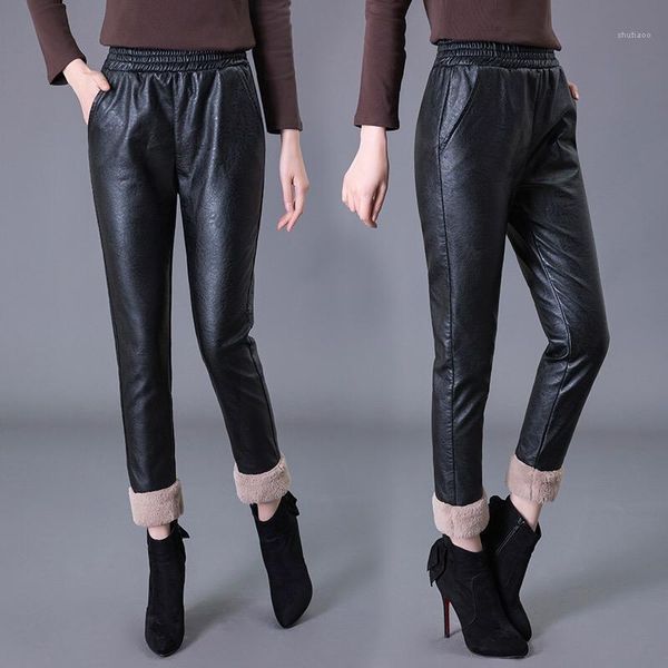 

pu leather pencil trousers for women high waist ankle length black casual trousers female fashion new clothing 2021 autumn y671, Black;white
