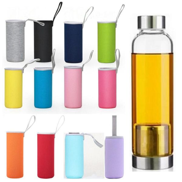 Tazze riutilizzabili Bottiglia d'acqua in vetro per bevande da 14 oz 18 oz Bottiglie per bicchieri sportivi resistenti alle alte temperature senza BPA con infusore per filtro del tè Supporto per manica in neoprene