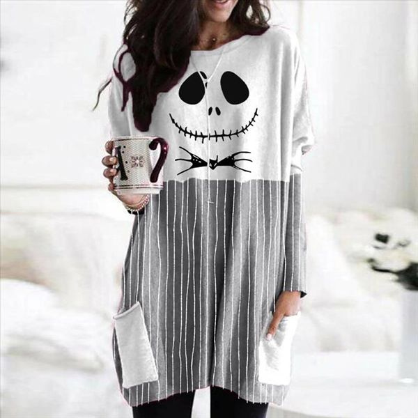 

pumpkin print dress women halloween long sleeve round neck vintage casual knit mini dress ladies pocket loose dresses vestido, Black;gray