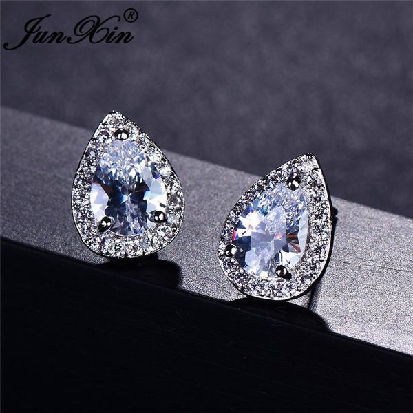 

stud junxin pear cut multicolor stone teardrop earrings for women zircon silver color blue fire opal gift, Golden;silver