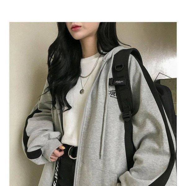 

ladies autumn hoodie gray jacket women's casual loose sports long sleeve drawstring pocket jacket cardigan street crop, Black;brown
