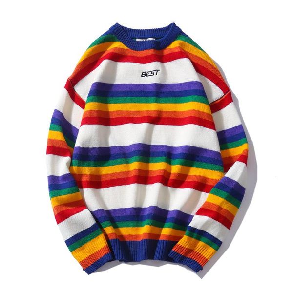 

men's sweaters korean version of the retro hit color round neck sweater rainbow striped pullover couple ins loose men, White;black